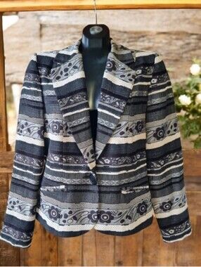 Anna Vintage Striped Floral Mixed Fabric Metallic Lined Blazer Jacket 90s Y2K